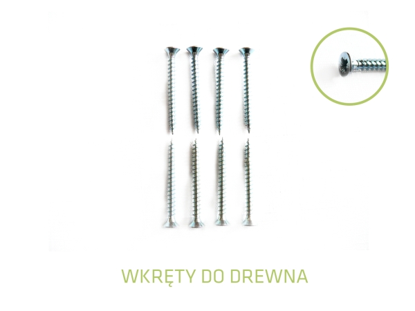Eight silver countersunk wood screws organized in two rows with a close-up of a screw head and thread detail