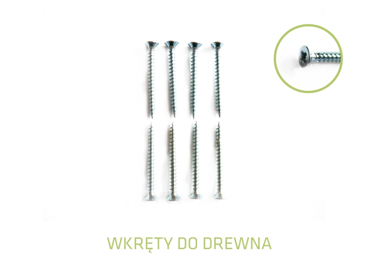 Eight silver countersunk wood screws organized in two rows with a close-up of a screw head and thread detail