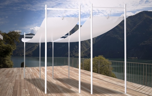 White waterproof Roman shade sail 1.5x7 m installed on a wooden deck with a scenic mountain and lake view