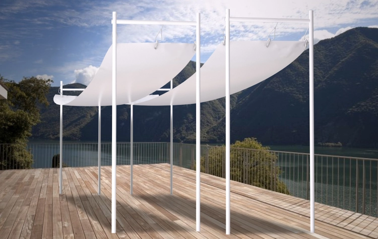 White waterproof Roman shade sail 1.5x7 m installed on a wooden deck with a scenic mountain and lake view