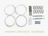 Square and rectangle shade sail mounting kit for wood including steel cables, carabiners, turnbuckles, and screws