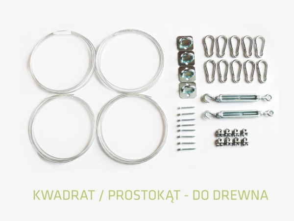 Square and rectangle shade sail mounting kit for wood including steel cables, carabiners, turnbuckles, and screws