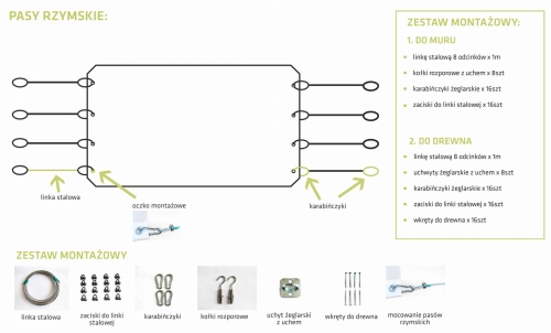 Installation diagram and components for a 2.1x7m Roman sun shade with steel cables, carabiners, and wall mounting hardware