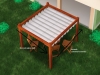 Retractable 3x4 m waterproof patio Roman blind on a wooden pergola with drainage and sliding direction indicators