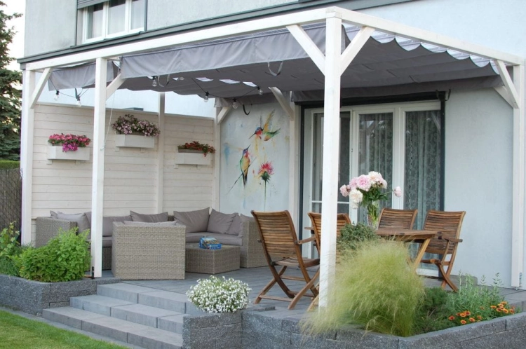 Retractable waterproof Roman sail blind for 3x4m terrace pergola in premium grey fabric with sun protection