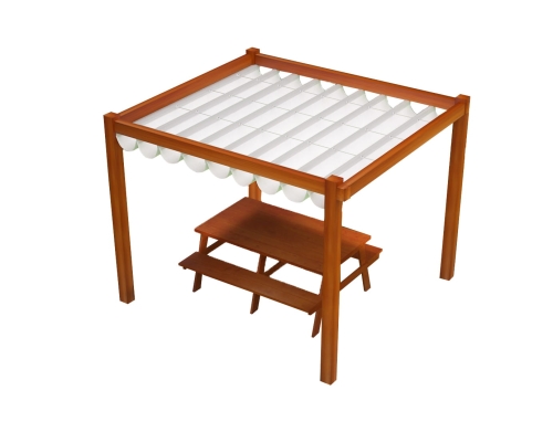 Wooden pergola with a retractable white premium roman blind over a wooden picnic table for sun and rain protection.