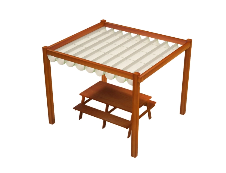 3x4 m waterproof roman terrace awning for pergolas over a wooden table and bench set