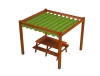 Roman shade pergola canopy over a wooden picnic table, outdoor waterproof sun protection structure