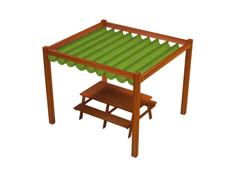 Roman shade pergola canopy over a wooden picnic table, outdoor waterproof sun protection structure