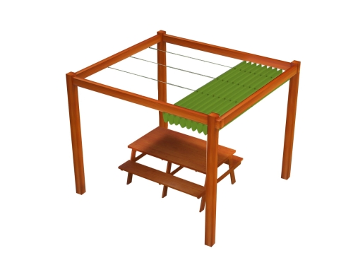 Green retractable Roman pergola blind for 3x4 m terrace with wooden gazebo and picnic table