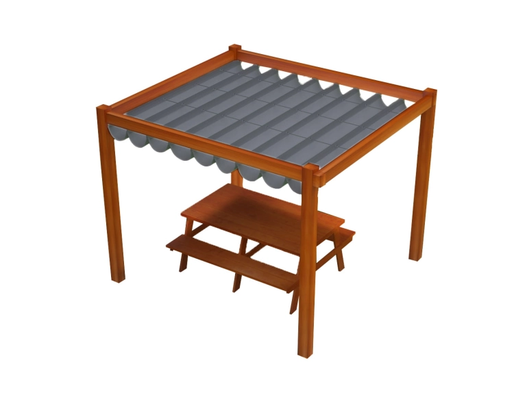 Retractable Roman patio shade sail 3x4 m with a waterproof premium grey fabric over a wooden pergola and picnic table