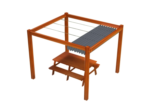 Retractable waterproof roman shade 3x4m on a wooden patio pergola over a picnic table.