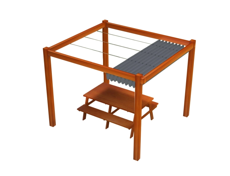 Retractable waterproof roman shade 3x4m on a wooden patio pergola over a picnic table.