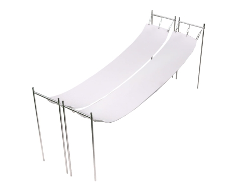 Roman waterproof sunshade with double white fabric panels mounted on a silver frame for patio or terrace protection