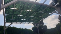 Tenda da sole impermeabile per gazebo con stampa botanica verde installata su pergola bianca