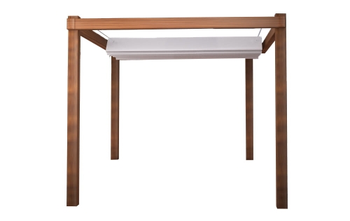 Retractable 3x5m white garden sail canopy on a brown wooden pergola frame for outdoor shade and sun protection