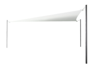 White triangular sun shade sail with three grey mounting poles for garden and outdoor patios