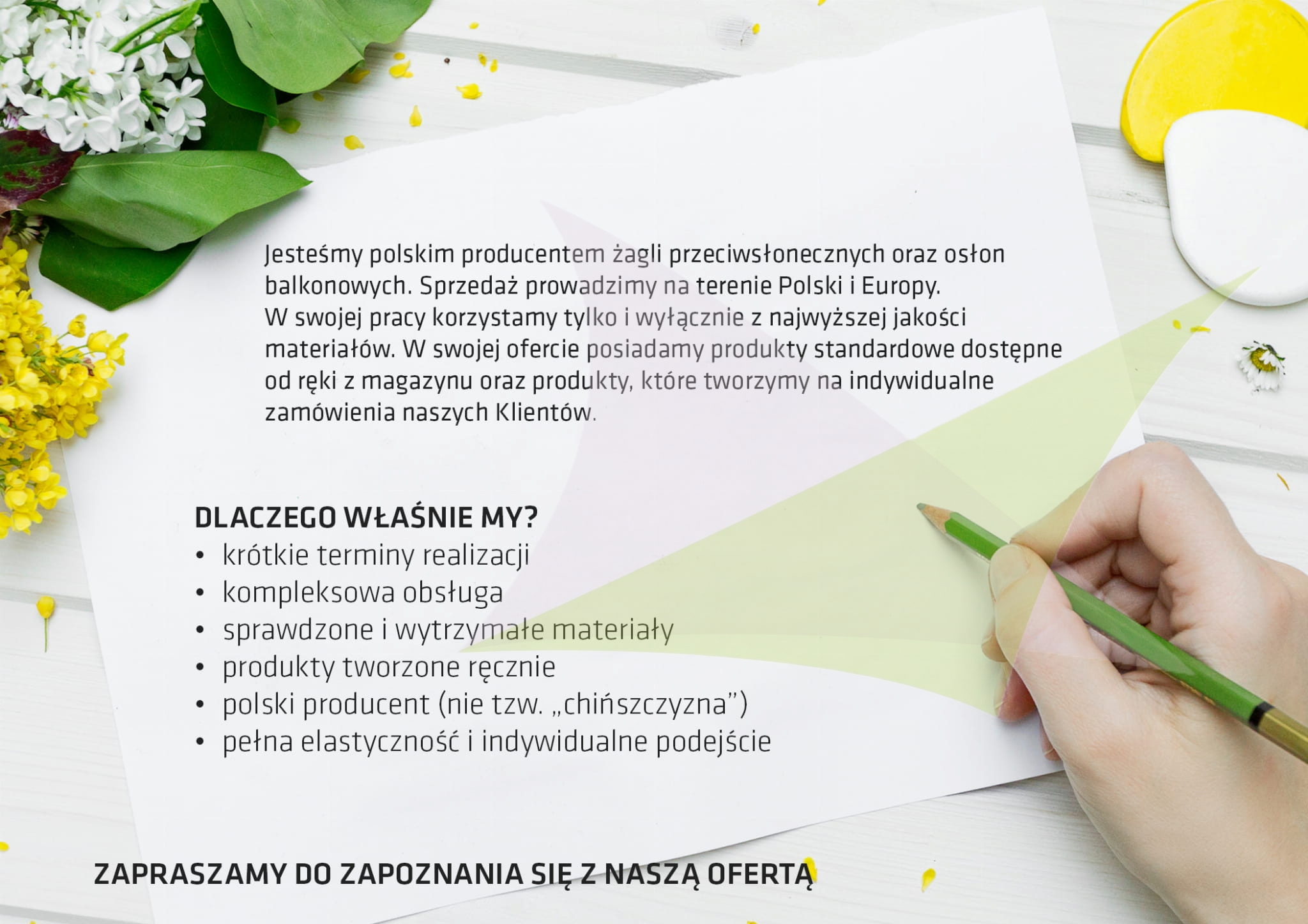 Text advertisement for a Polish producer of garden sun sails and balcony screens, featuring floral decorations.