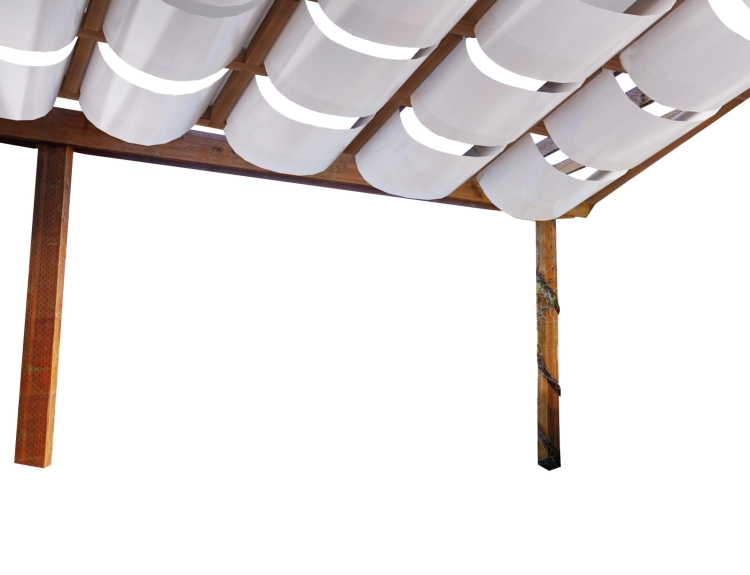 White sun shade fabric sail strips woven through a wooden pergola structure for outdoor patio shade.