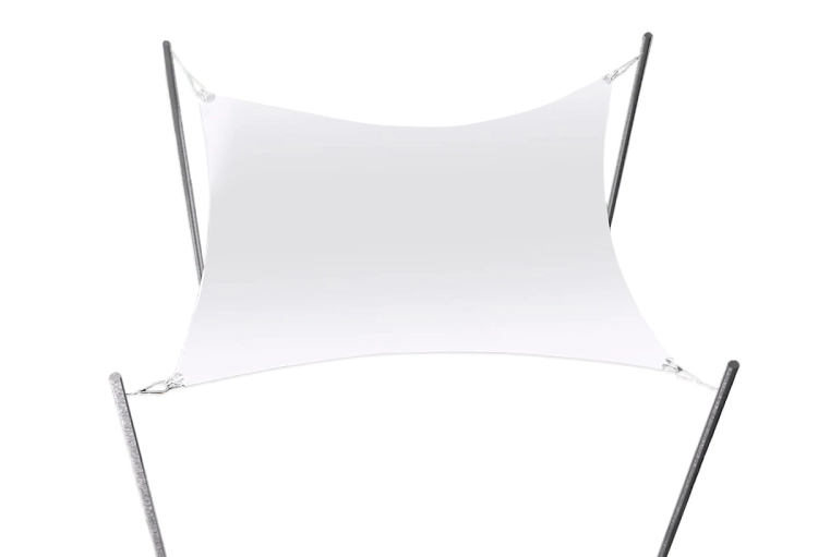 White rectangular sun shade sail with mounting poles against a plain background.