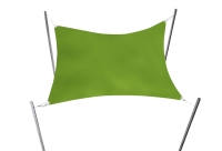 Green rectangular custom sun shade sail attached to four metal poles with ropes on a white background
