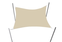 Beige rectangular HDPE sun shade sail attached to four metal poles with ropes on a white background