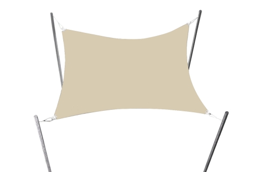 Beige rectangular HDPE sun shade sail attached to four metal poles with ropes on a white background