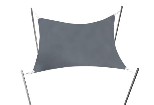 Rectangular grey shade sail attached to four metal poles with tension ropes for garden sun protection