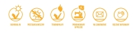 Six icons for an adjustable sun sail: UV protection, flame retardant, made in Poland, custom order, and handmade