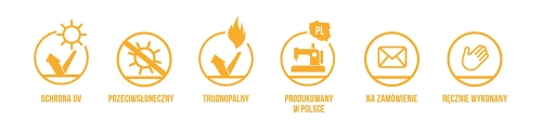 Set producticonen: UV-bescherming, brandvertragend, gemaakt in Polen, op maat gemaakt en handgemaakt schaduwdoek.