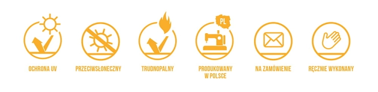 Six icons for an adjustable sun sail: UV protection, flame retardant, made in Poland, custom order, and handmade