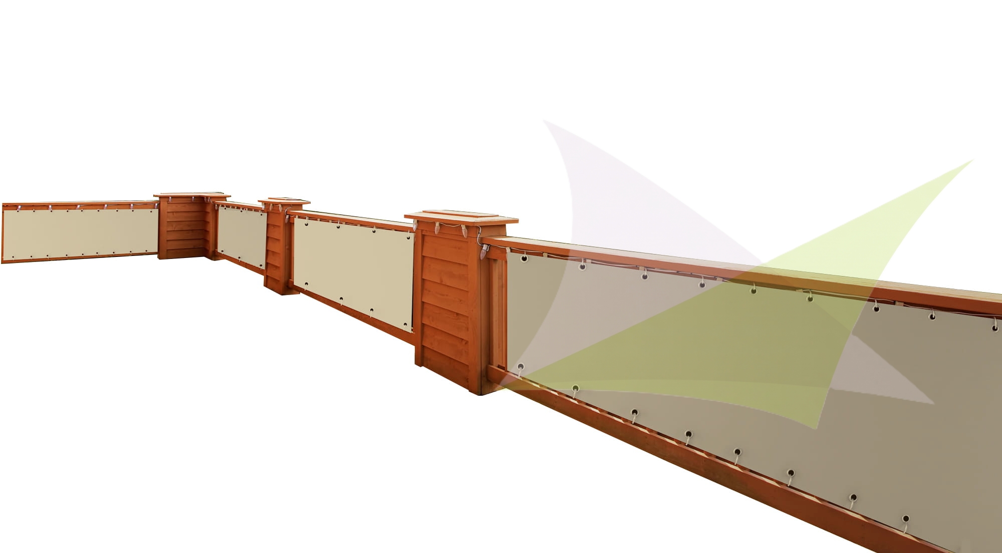 Custom waterproof premium balcony screen in cream color installed on a wooden terrace railing with grommets.