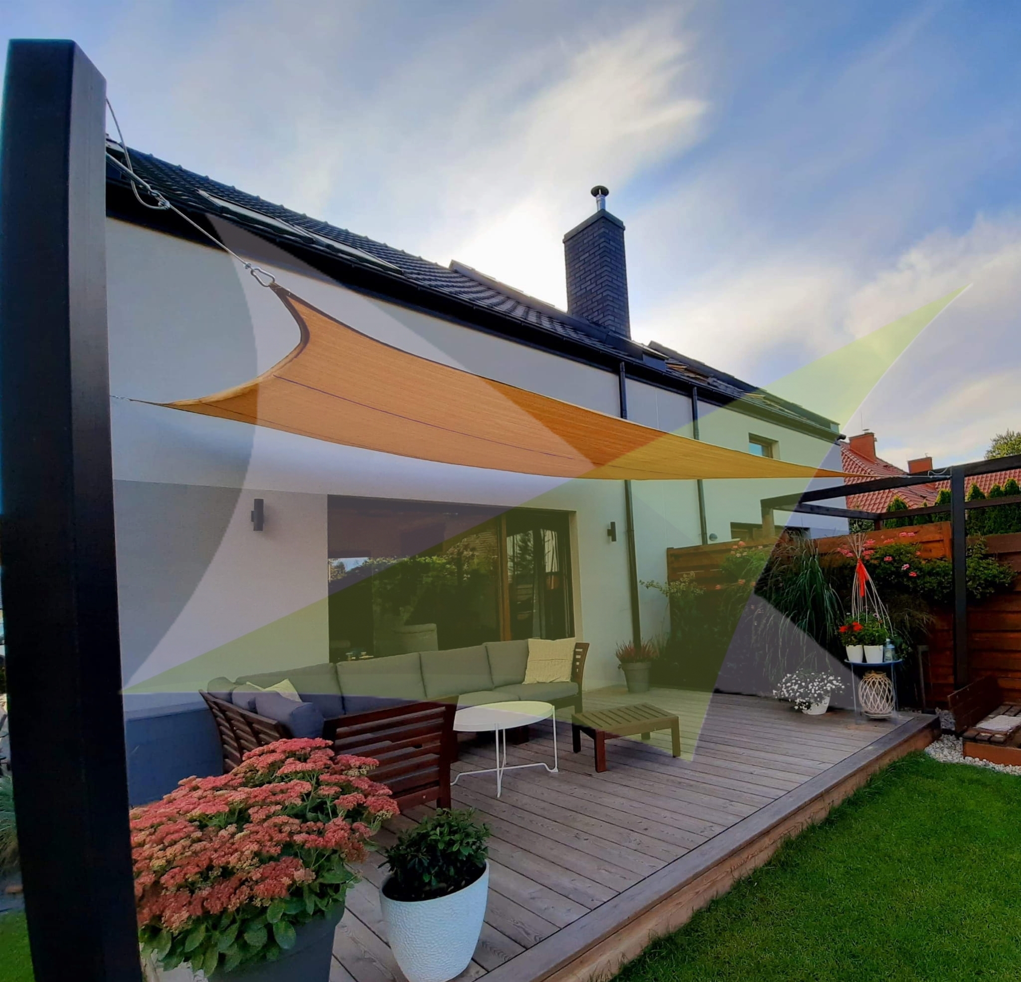 Sand-colored 5x5m square HDPE sun shade sail installed over a modern wooden deck with outdoor sofa and furniture