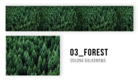 Green coniferous forest pattern on a balcony screen cover with 03_FOREST text banner
