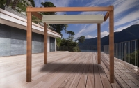Waterdicht schaduwdoek Premium 1,5x5 m op houten pergola met uitzicht op het meer