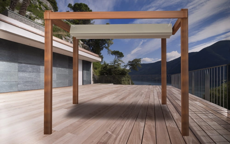 Vela ombreggiante impermeabile Premium 1,5x5 m su pergola in legno con vista lago