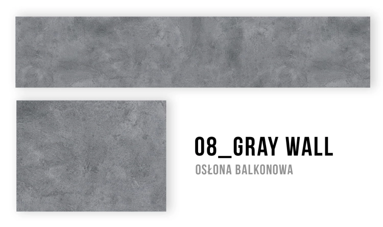 Gray concrete textured balcony screen design with the text 08 GRAY WALL and Osłona balkonowa