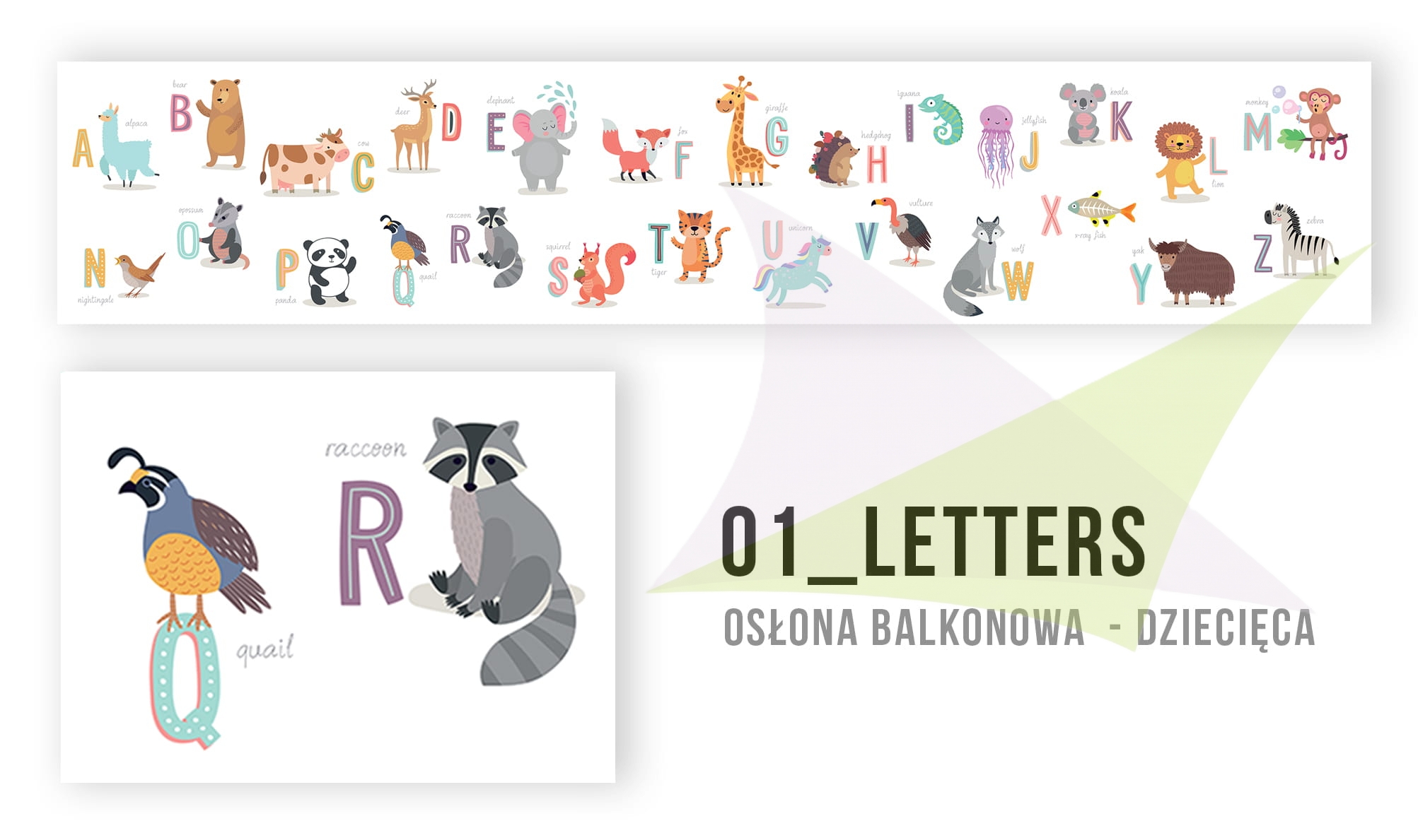 Alphabet themed balcony screen for children featuring colorful illustrations of animals from A for Alpaca to Z for Zebra