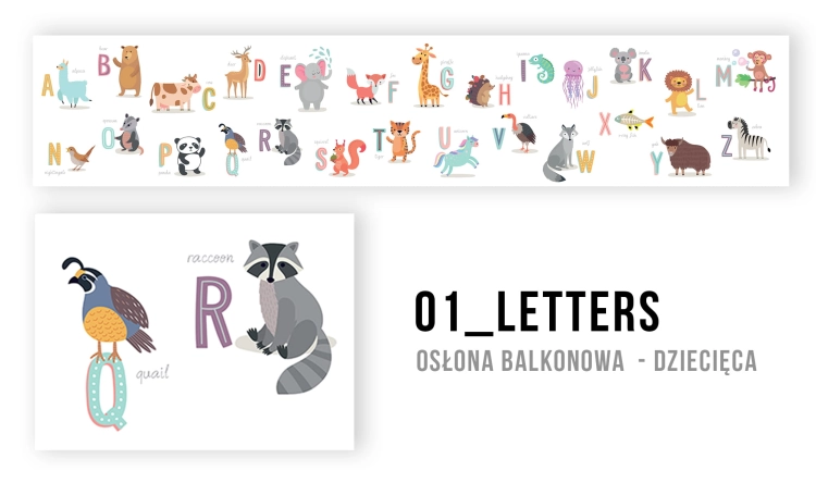 Balkonbespannung für Kinder mit buntem Tieralphabet, Buchstaben Q wie Wachtel und R wie Waschbär