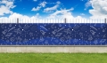Custom size balcony privacy screen with a blue space-themed pattern featuring astronauts and rockets on an outdoor fence