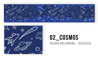Navy blue space-themed balcony privacy screen for children featuring hand-drawn spaceships, planets, and astronauts
