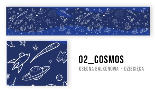 Navy blue space-themed balcony privacy screen for children featuring hand-drawn spaceships, planets, and astronauts