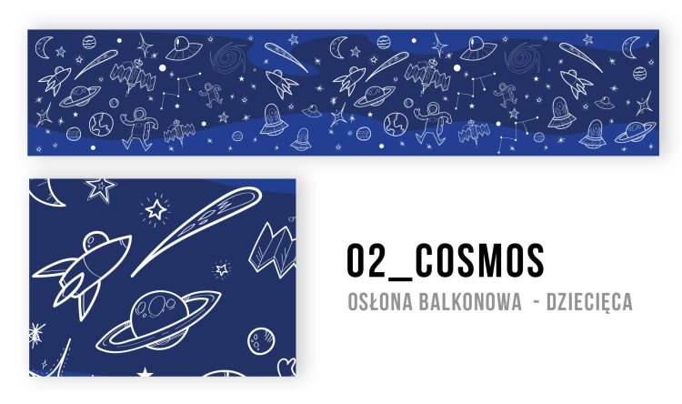 Navy blue space-themed balcony privacy screen for children featuring hand-drawn spaceships, planets, and astronauts