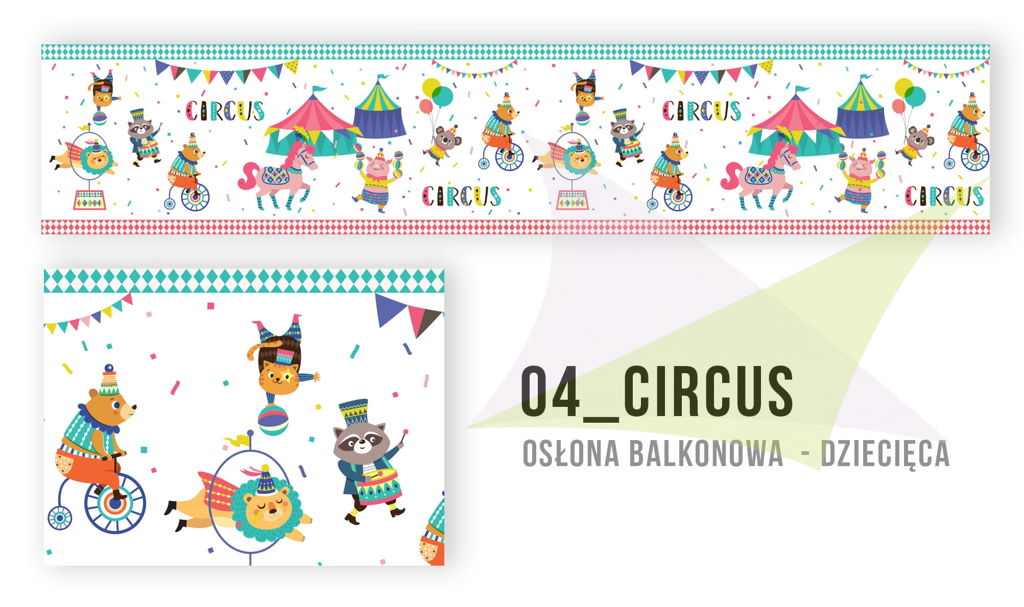 Custom balcony privacy screen for children featuring colorful circus animals, tents, and bunting banners.