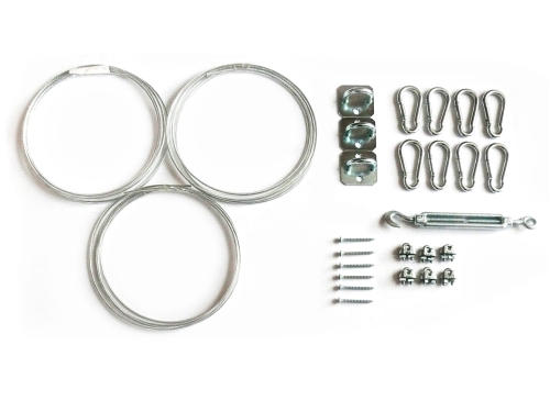 Hardware installation kit for triangular sun shade sail including wire ropes, snap hooks, turnbuckle, and pad eyes