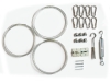 Mounting kit for a triangular sun sail with steel cables, carabiners, tensioners, and wall brackets on a white background
