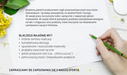 Hand holding a pencil over a flyer for triangular sun sails and balcony covers with Polish text and yellow flowers.