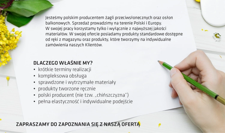 Hand holding a pencil over a flyer for triangular sun sails and balcony covers with Polish text and yellow flowers.
