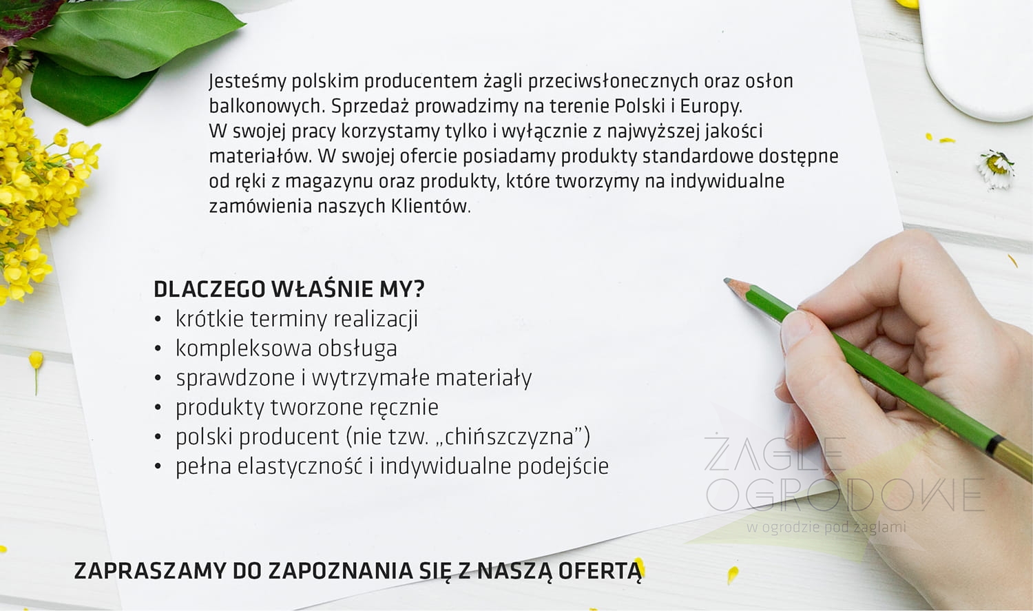 Reklamný leták poľského výrobcu tieniacich plachiet a balkónových clôn so zoznamom výhod produktov