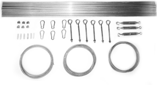 Kleines Metall-Set für Raffrollos mit Stäben, Seilen, Karabinern, Spannschrauben und Ösenhaltern